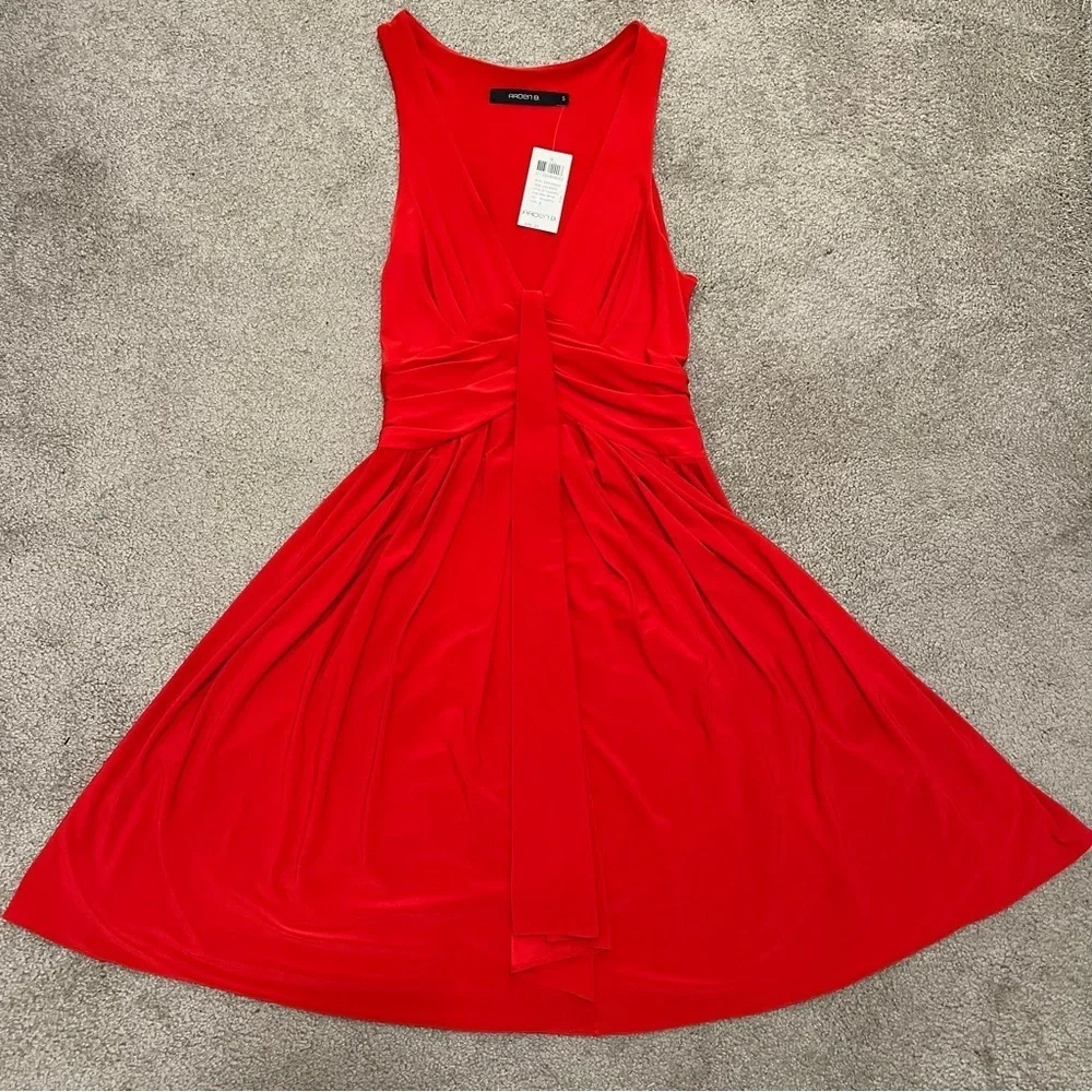 NWT Arden B Red V Neck A Line plunged sleeveless Pleated Cocktail Dress Party S - Picture 3 of 13
